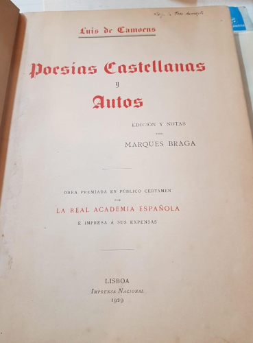 Portada do libro de Camoens. Poesías castellanas y autos